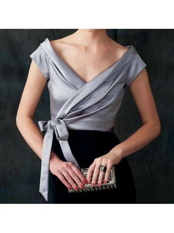Elegant High-grade Grey Lace-up Satin V-neck Blouse - Cominbuy.com 