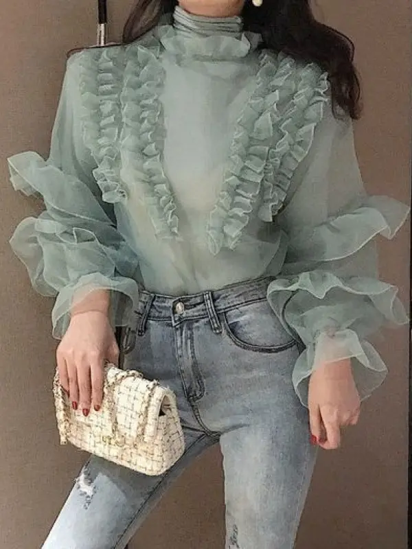 Ladies' Elegant Net Gauze Ruffled Superimposed Design Blouse - Buildernice.com 