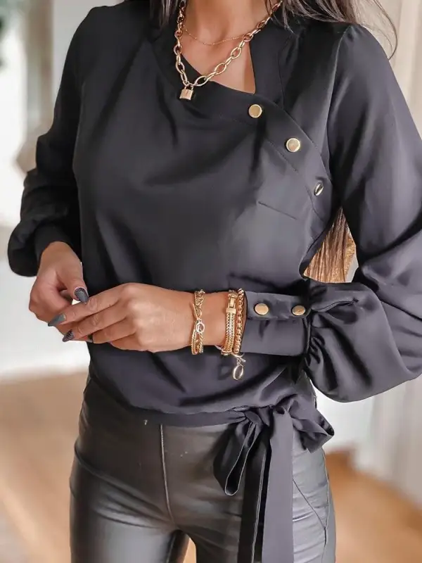 Women's Fashion Long Sleeve Vl Neck Tie Satin Shirt - Buildernice.com 