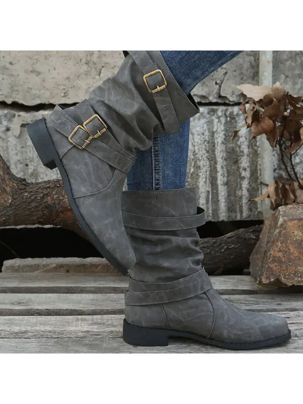 Plain Round Toe Outdoor Buckle Mid-cut Flat Boots - Gethefashion.chimpone.com 