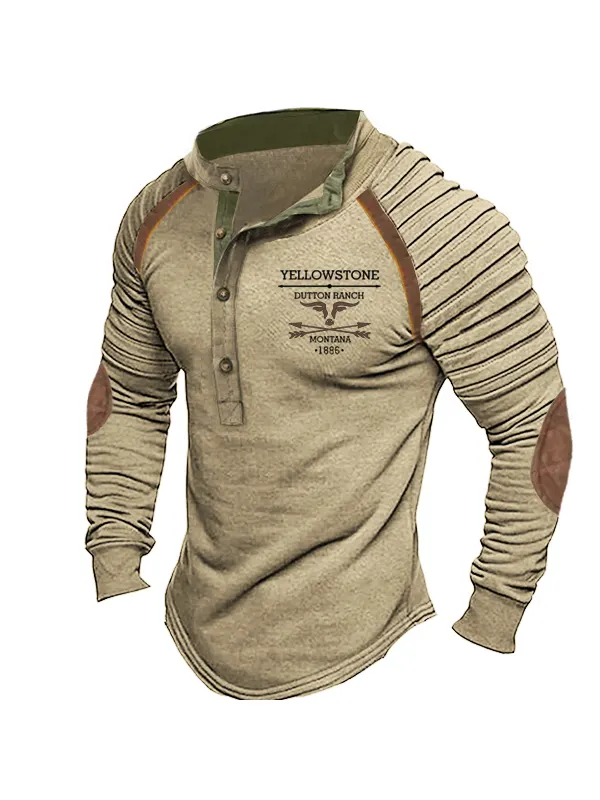 Plus Size Men's Vintage Western Yellowstone Henley Stand Collar T-Shirt - Godeskplus.com 