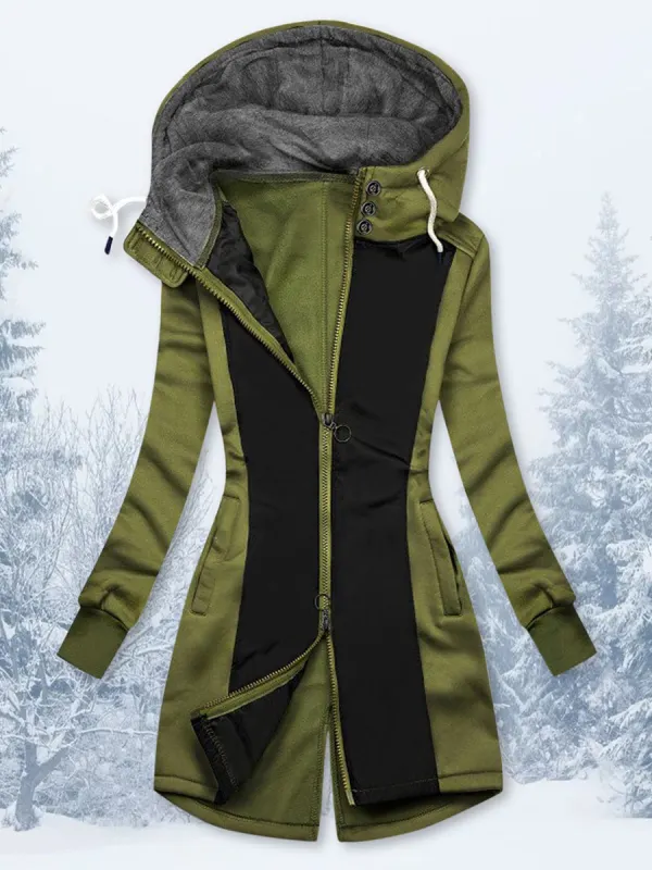 Fall/Winter Color Block Hooded Mid-length Jacket - Godeskplus.com 