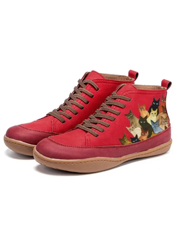 Vintage Cat Print Lace-Up Loafers - Gethefashion.chimpone.com 