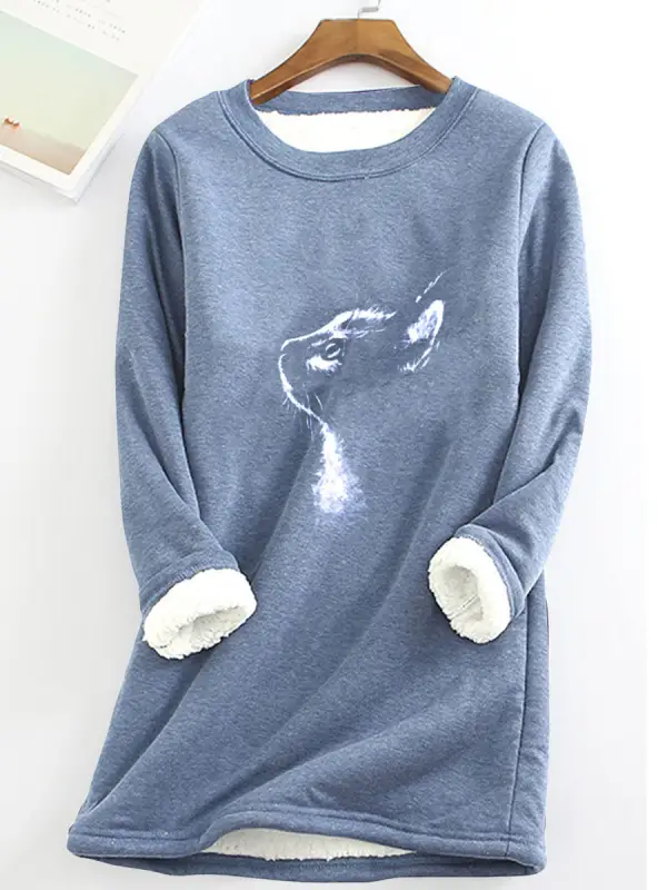 Round Neck Casual Loose Cat Print Fleece Long Sleeve T-shirt - Viewbena.com 