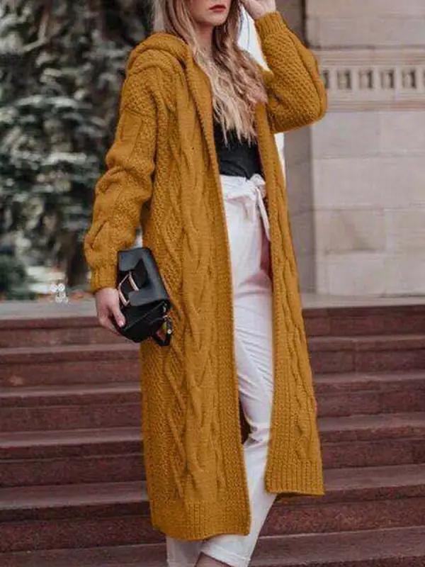 Solid Color Hooded Sweater Twist Knit Cardigan - Maxizero.chimpone.com 